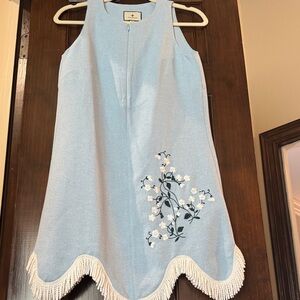 Tuckernuck Light Blue Dress with White Floral Embroidery and Fringe